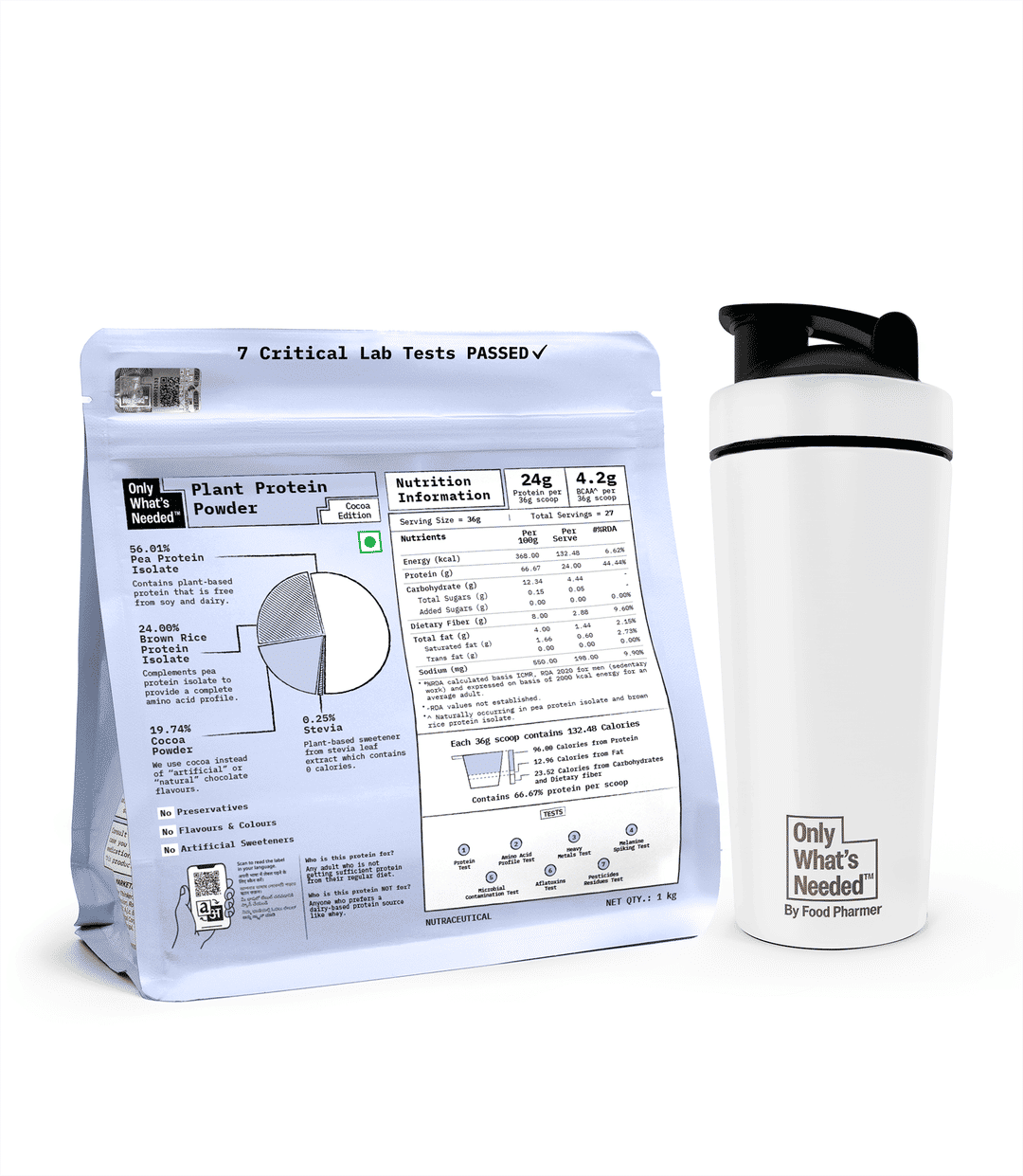 24g Plant Protein Powder Cocoa 1Kg +  + Stainless Steel Metal Shaker (White) 750ml