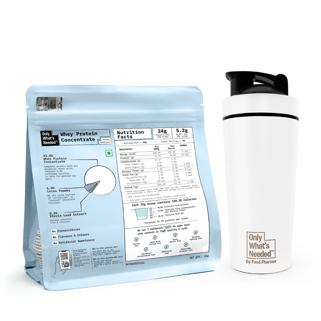 24g Whey Protein Concentrate 1kg + Stainless Steel Metal Shaker (White) 750ml